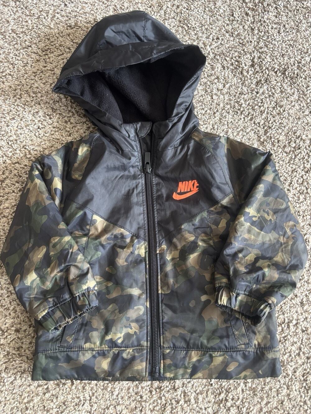 Nike Kids Camo Windbreaker Jacket Full Zip Hooded Black Orange Logo 12M